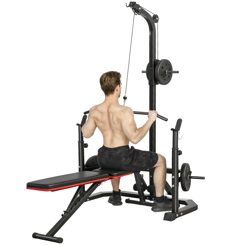 Soozier Cable Machine, Multi-Function Bench Press Rack with Weight Plate Holders, Lat-Pull Down System, Black