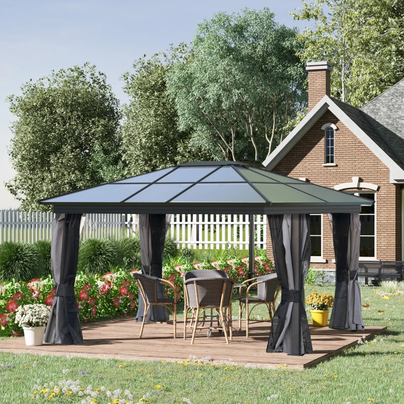 Outsunny 12' x 15' Hardtop Gazebo Canopy with Polycarbonate Roof, Aluminum Frame, Netting, Curtains and Ceiling Hook, Dark Grey