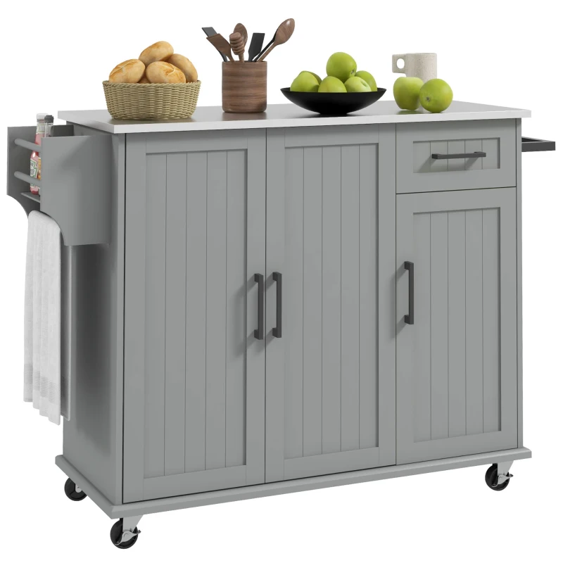 HOMCOM Kitchen Island with Wheels, Kitchen Island on Wheels with Drawer, 3 Cabinets, Stainless Steel Countertop, Gray