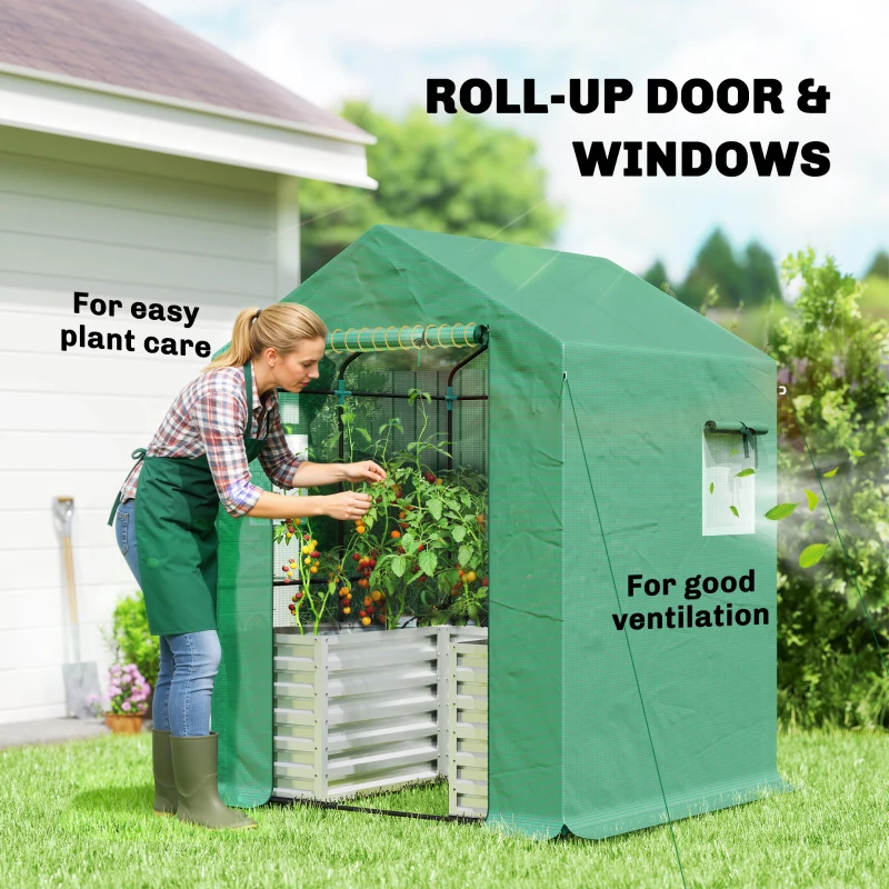 Outsunny Greenhouse with Raised Garden Bed, Galvanized Metal Planter Box with PE Cover, Roll Up Door, 56" x 56" x 75", Green