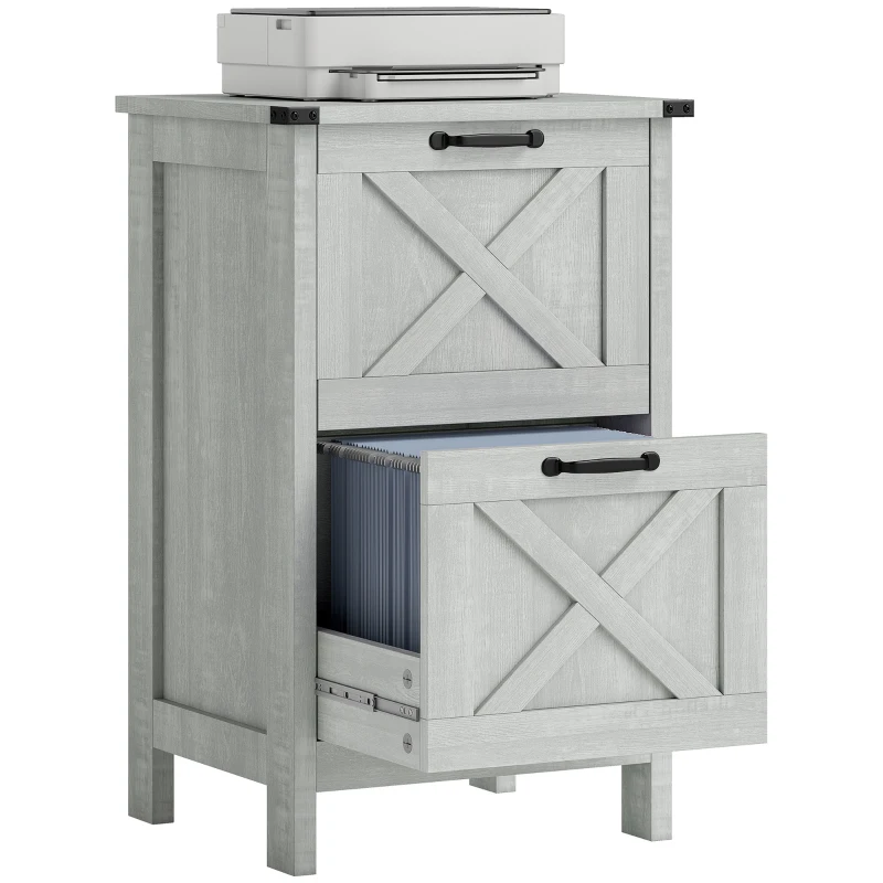 HOMCOM Vertical File Cabinet with 2 Drawers, Rustic Farmhouse Office Storage Cabinet for A4, Letter Size, Distressed Light Gray