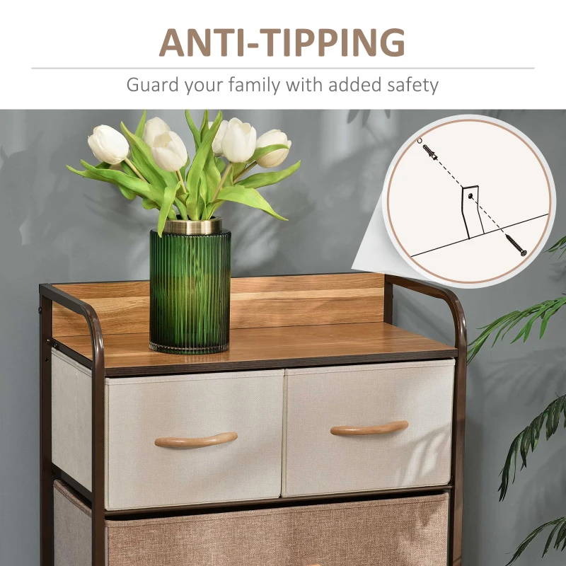 HOMCOM 5-Drawer Fabric Dresser Tower, 4-Tier Storage Organizer with Steel Frame for Hallway, Bedroom, and Closet, Maple Wood