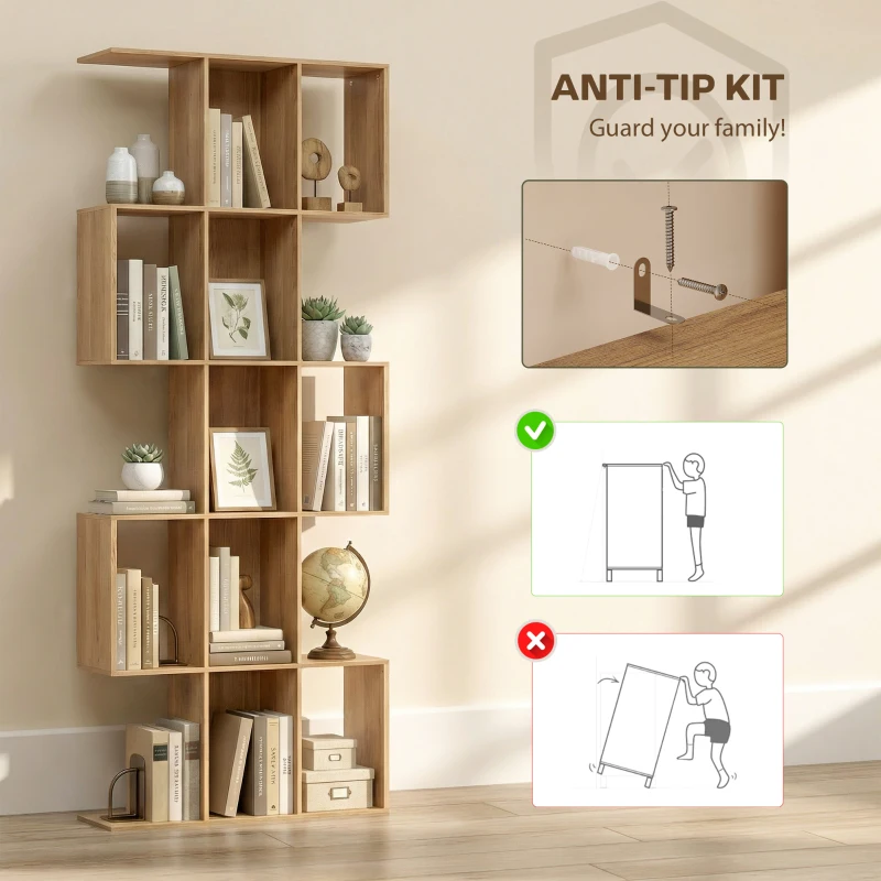HOMCOM 5-Tier Bookshelf, S Shaped Geometric Bookcase with 15 Compartments, Oak