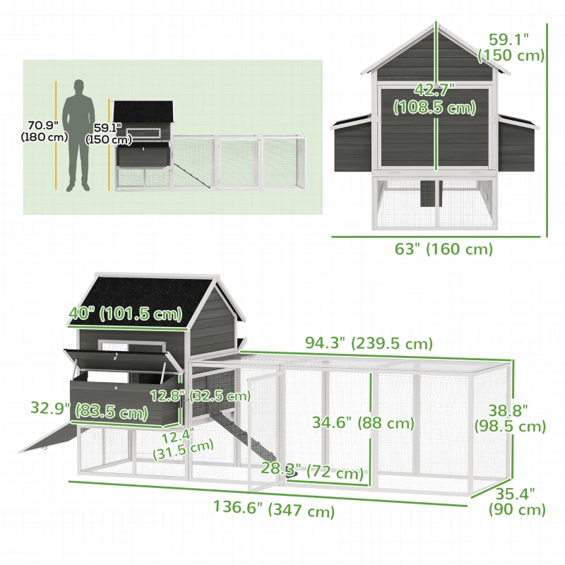 PawHut 137" Wooden Chicken Coop with Chicken Run, Nesting Box, Dark Grey