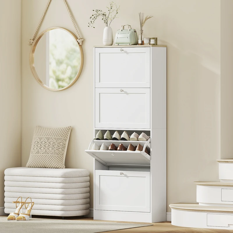 HOMCOM Modern Shoe Storage Cabinet with 4 Flip Drawers and Adjustable Shelves, Shoe Cabinet for 18-24 Pairs of Shoes, White