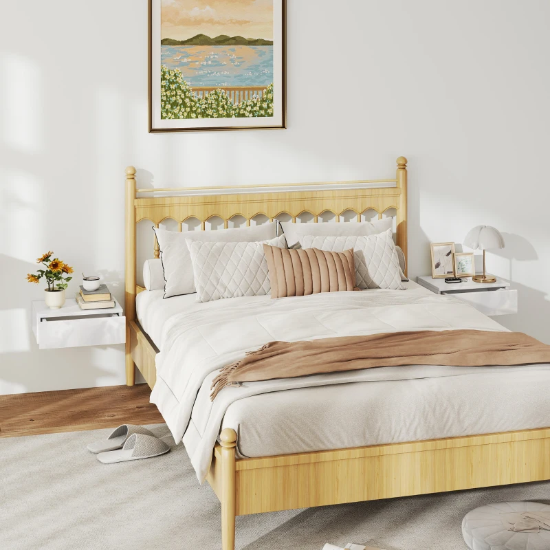 HOMCOM Set of 2 Wall Mounted Bedside Tables, High Gloss Floating Nightstands with Drawer for Bedroom, White