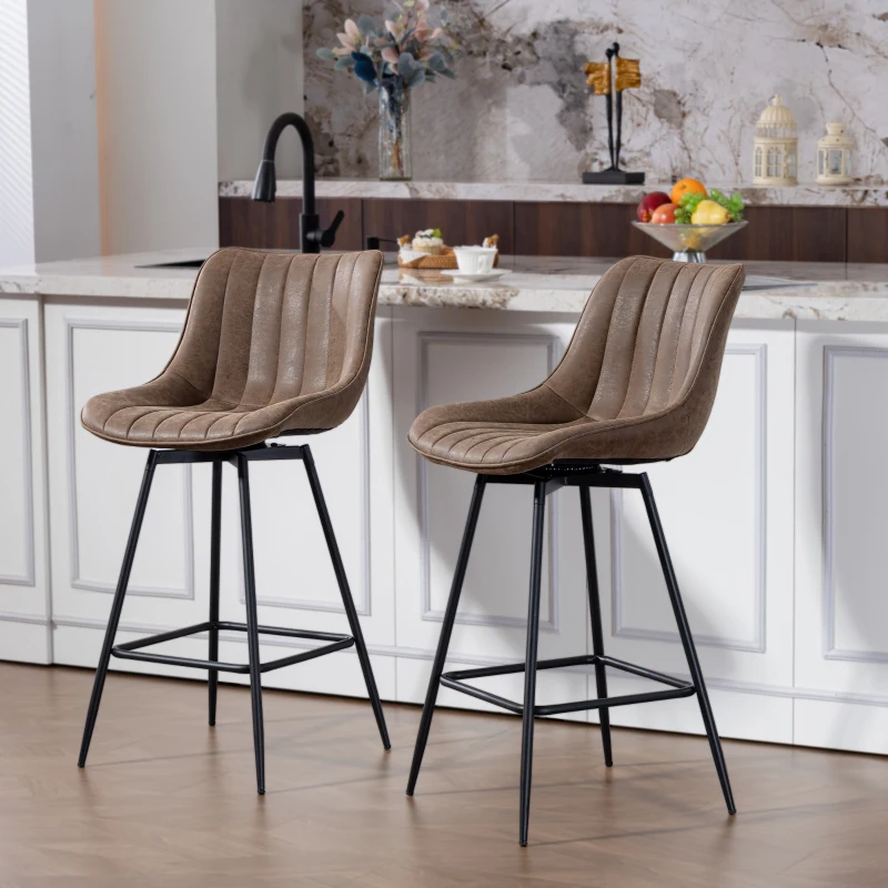 HOMCOM Set of 2 Counter Height Barstools, PU Leather Upholstered Bar Stools with Backrest, Footrest and Steel Legs, Brown