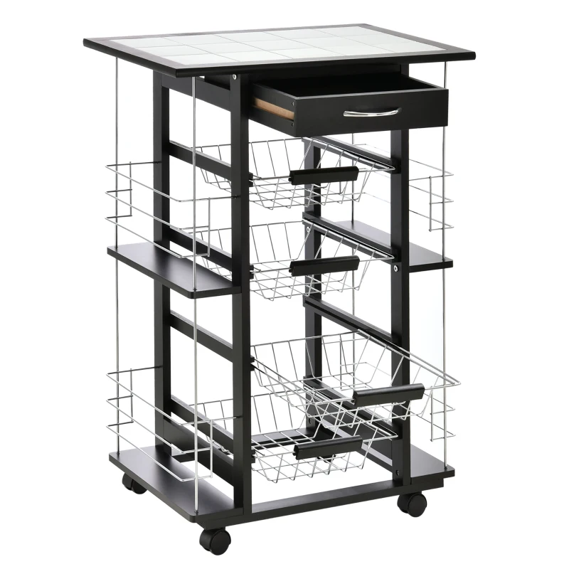 HOMCOM 4-Tier Kitchen Trolley Cart on Rolling Wheels with 4 Removable Baskets, 4 Side Rack  Organizer,Ceramics Tile Top