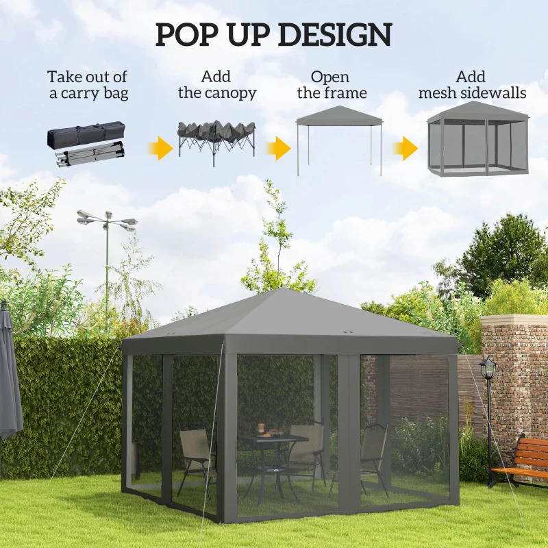 Outsunny 10' x 10' Pop Up Canopy Tent Gazebo, Foldable Canopy Tent with Zipper Mesh Sidewalls, Light Grey
