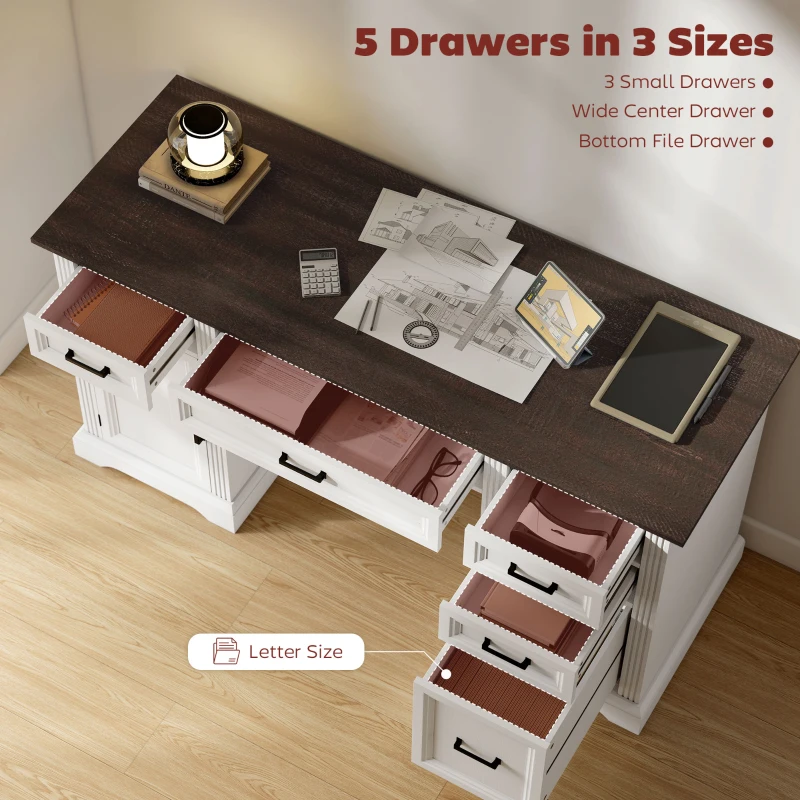 HOMCOM 58" Home Office Desk with Soft-Close Drawers, Farmhouse Executive Desk with File Drawer for Letter Size, White