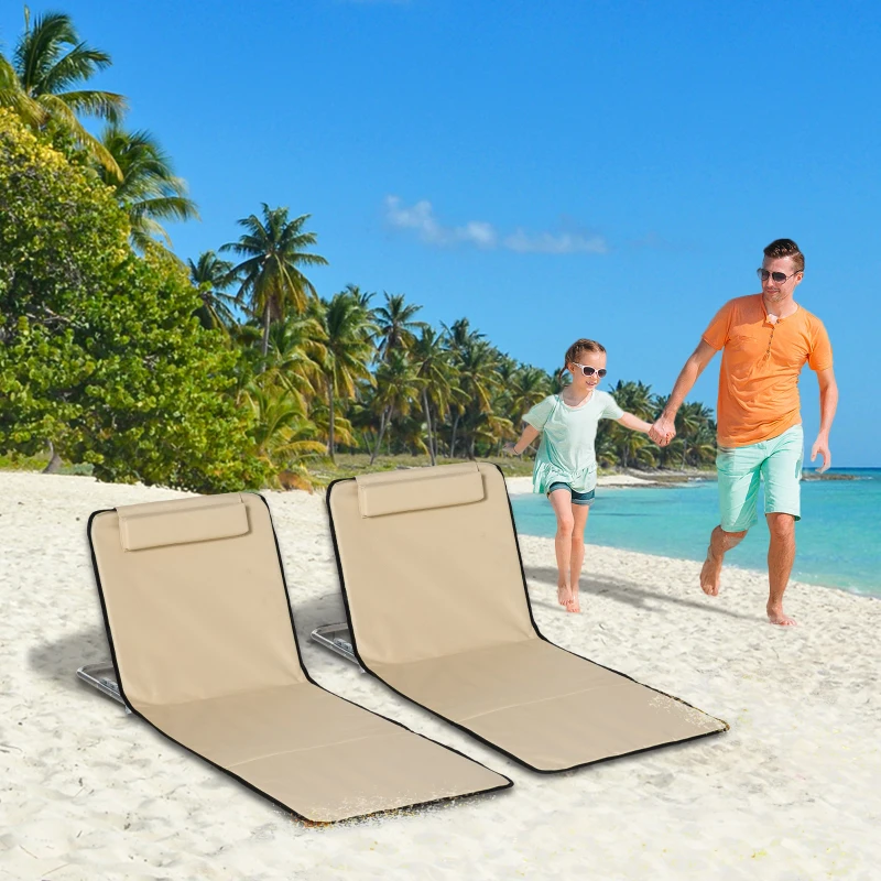 Outsunny 2 Pieces Beach Lounge Chair, Outdoor Folding Chaise Lounge Set w/ Pillow for Sunbath, Snap, Beige