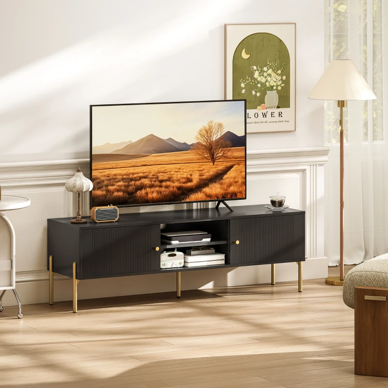 HOMCOM TV Stand for TVs up to 65", Entertainment Center with 2 Open Shelves, 2 Cabinets and Steel Legs for Living Room, Black
