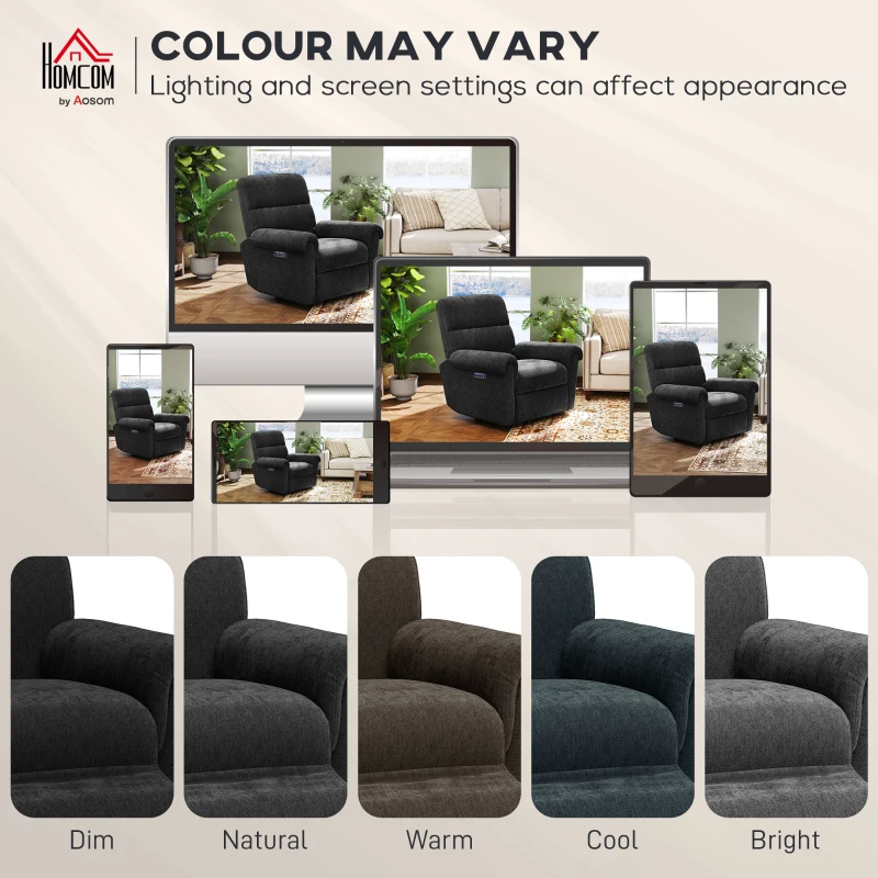 HOMCOM Power Recliner Chair, Fabric Upholstered Recliner Chair with USB Ports, Swivel and Rocking Function, Footrest, Black