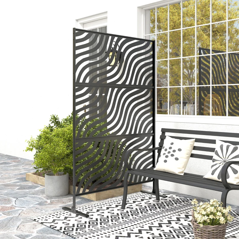 Outsunny Metal Outdoor Privacy Screen, Freestanding Outdoor Divider with Stand, 78" x 48", Black