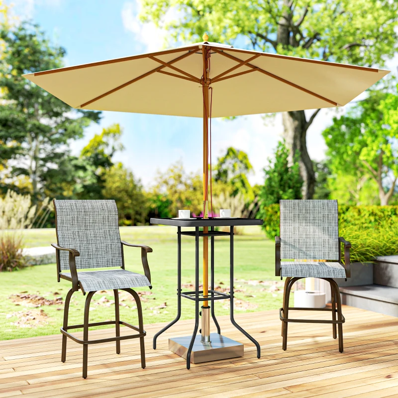 Outsunny Outdoor Bar Table with Umbrella Hole, 41.3" Bar Height Patio Table with Glass Top and Metal Frame, Black