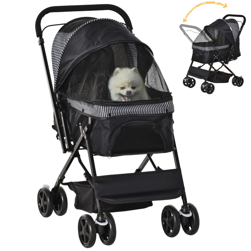 PawHut Foldable Cat Dog Travel Carriage, 4 Wheels Pet Stroller with EVA Wheel Brake, 3-stage Canopy, Mesh Window Door, Black