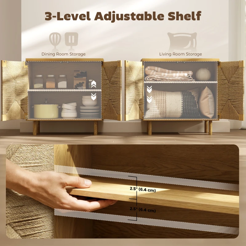 HOMCOM Handwoven Rope Accent Cabinet Boho Sideboard Buffet Cabinet with Push to Open Doors Adjustable Shelf Pine Wood Legs Oak