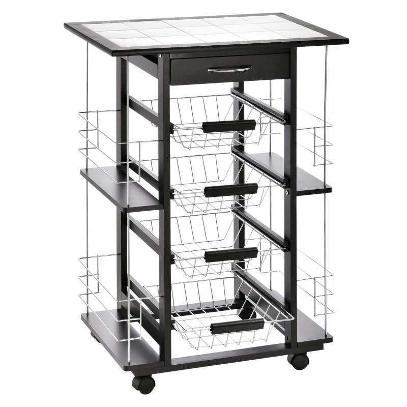 HOMCOM 4-Tier Kitchen Trolley Cart on Rolling Wheels with 4 Removable Baskets, 4 Side Rack  Organizer,Ceramics Tile Top