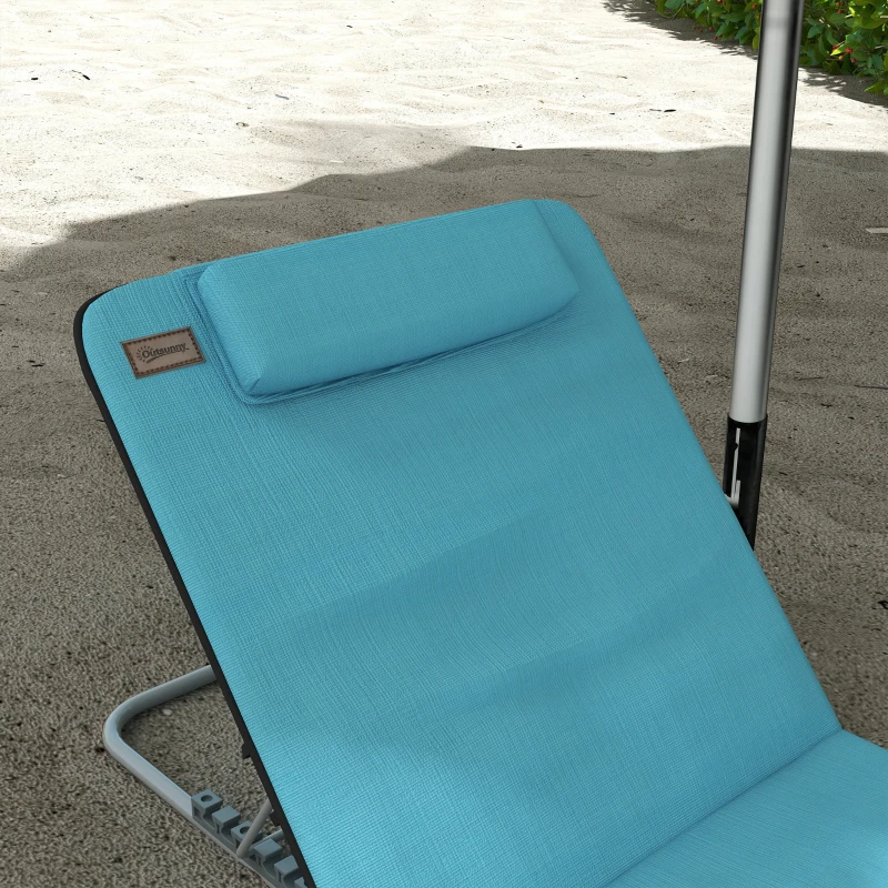 Outsunny 2 Pieces Beach Lounge Chair, Outdoor Folding Chaise Lounge Set w/ Pillow for Sunbath, Snap, Blue