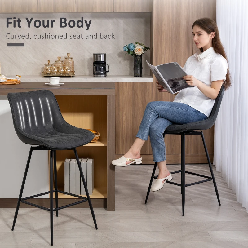 HOMCOM Set of 2 Counter Height Barstools, PU Leather Upholstered Bar Stools with Backrest, Footrest and Steel Legs, Black