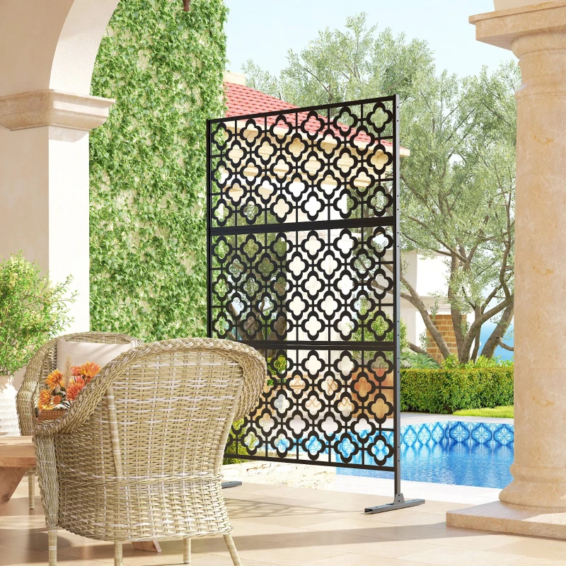 Outsunny Metal Outdoor Privacy Screen, Freestanding Outdoor Divider with Stand, 78" x 48", Black