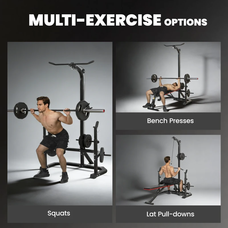 Soozier Cable Machine, Multi-Function Bench Press Rack with Weight Plate Holders, Lat-Pull Down System, Black