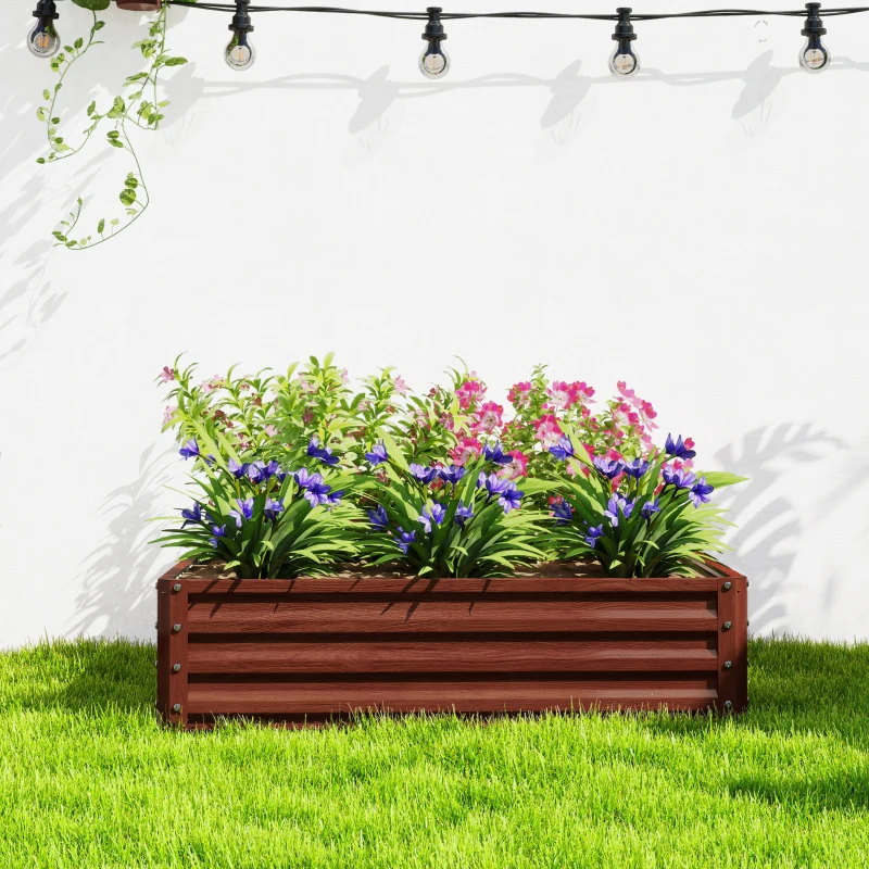 Outsunny 4' x 4' x 1' Raised Garden Bed Galvanized Steel Planter Box for Vegetables, Flowers, Herbs, Dark Brown Wood Effect
