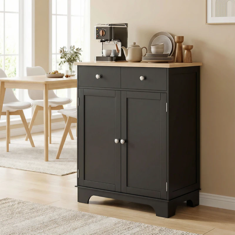 HOMCOM Kitchen Storage Cabinet, Sideboard Floor Cupboard with Solid Wood Top, Adjustable Shelf, and 2 Drawers, Black