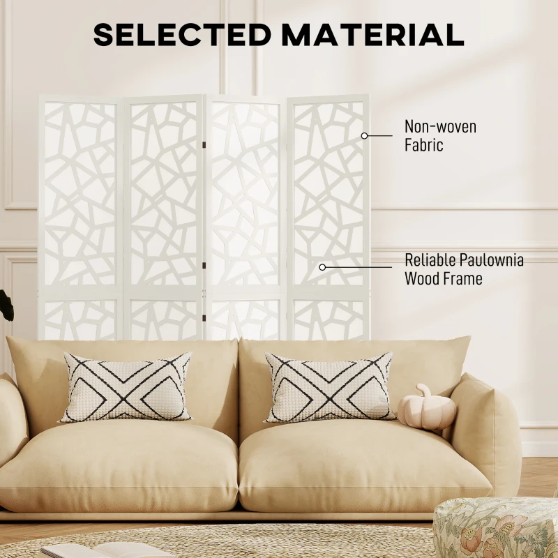HOMCOM 4 Panel Room Divider, 5.6 FT Lightweight Folding Privacy Screen with Geometric Pattern for Living Room, Bedroom, White