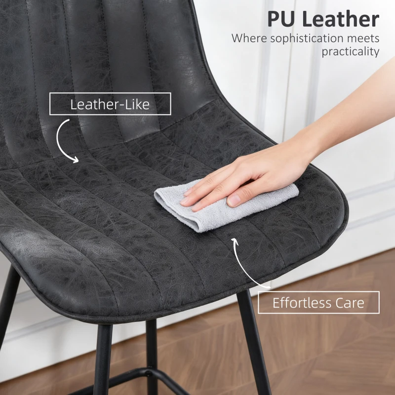 HOMCOM Set of 2 Counter Height Barstools, PU Leather Upholstered Bar Stools with Backrest, Footrest and Steel Legs, Black