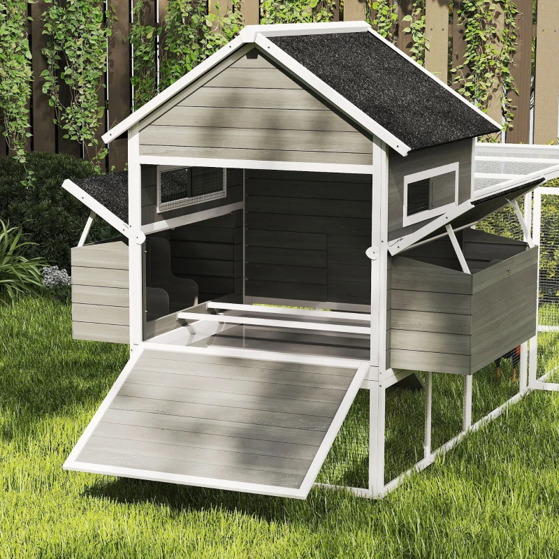 PawHut 137" Wooden Chicken Coop with Chicken Run, Nesting Box, Dark Grey