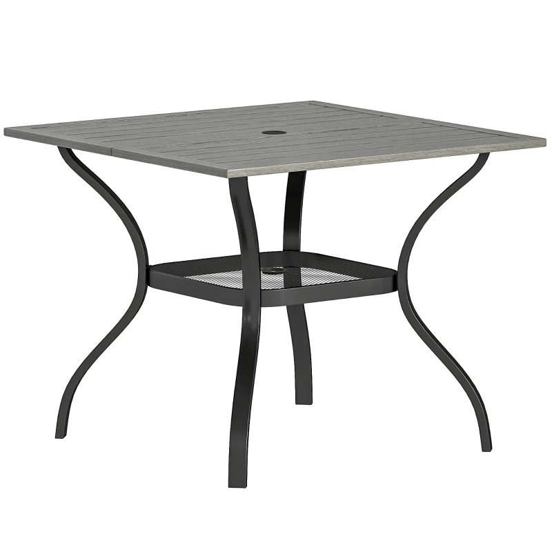 Outsunny Outdoor Dining Table for 4, Square Patio Table with Umbrella Hole, Shelf, Slatted Faux Wood Steel Top, Grey