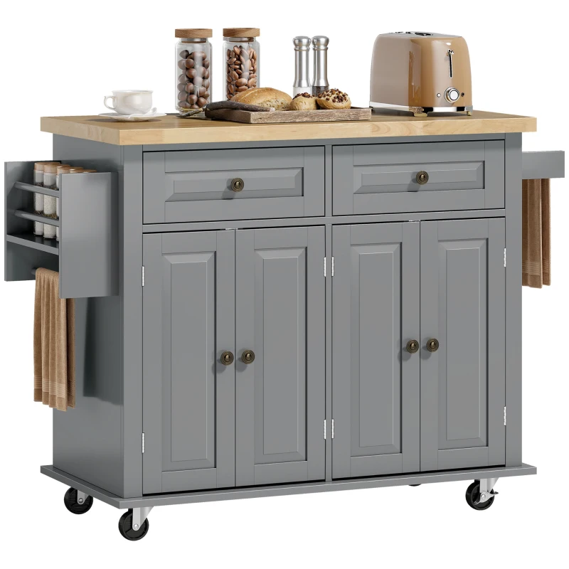 HOMCOM Kitchen Island Cart with Rubber Wood Top, Rolling Kitchen Island Table on Wheels with Drawers, Adjustable Shelves, Spice Rack and Towel Rack for Dining Room, Gray