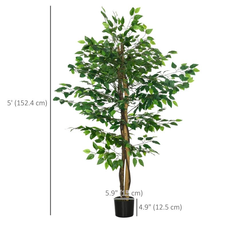 HOMCOM Set of 2 5ft Artificial Trees Ficus, Indoor Fake Plants with Pot, for Home Decor