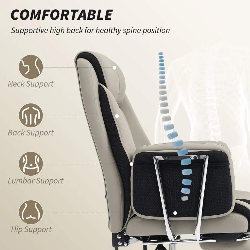 HOMCOM Reclining Office Chair, Overstuffed Executive Desk Chair with High Back, PU Leather, Footrest, Swivel Wheels, Grey