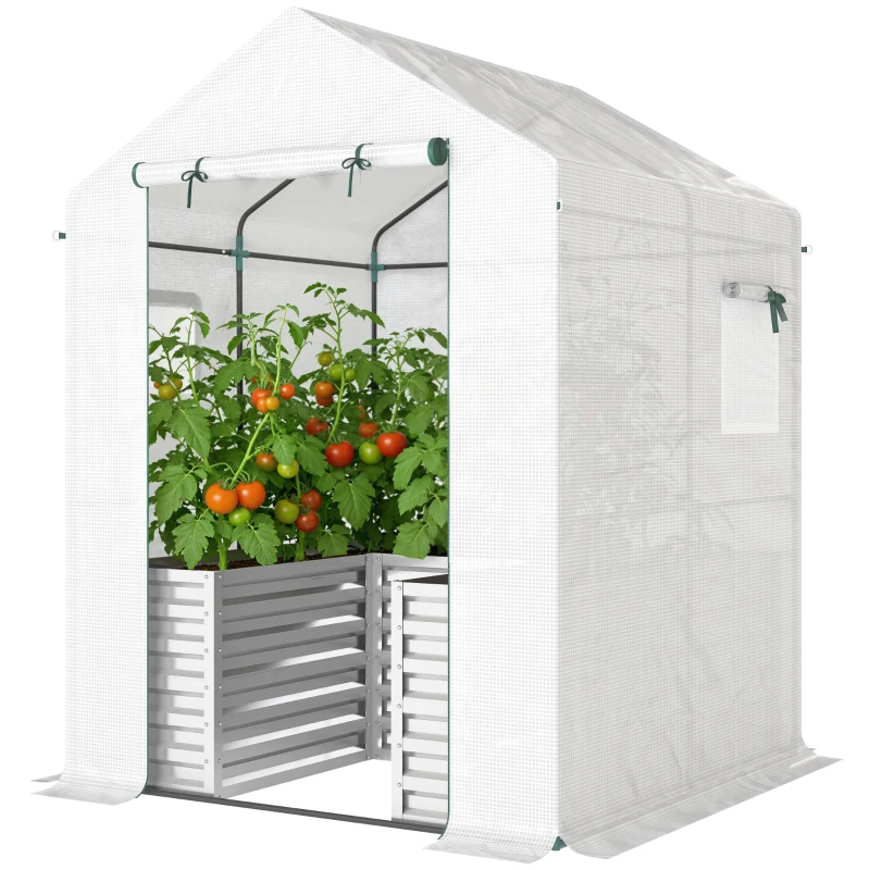 Outsunny Greenhouse with Raised Garden Bed, Galvanized Metal Planter Box with PE Cover, Roll Up Door, 56" x 56" x 75", White
