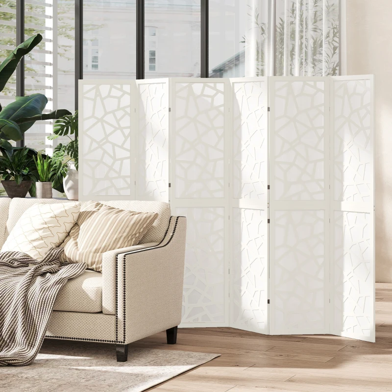 HOMCOM 6 Panel Room Divider, 5.6 FT Lightweight Folding Privacy Screen with Geometric Pattern for Living Room, Bedroom, White