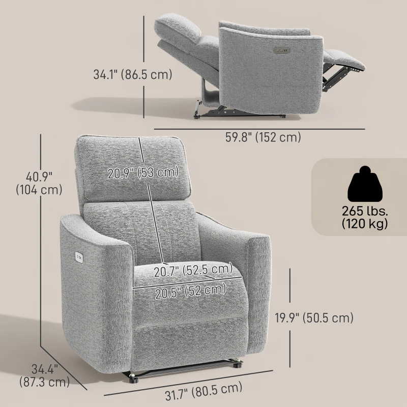 HOMCOM Power Recliner Chair, Linen-look Fabric Upholstered Recliner Chair with USB Ports, Footrest, Grey