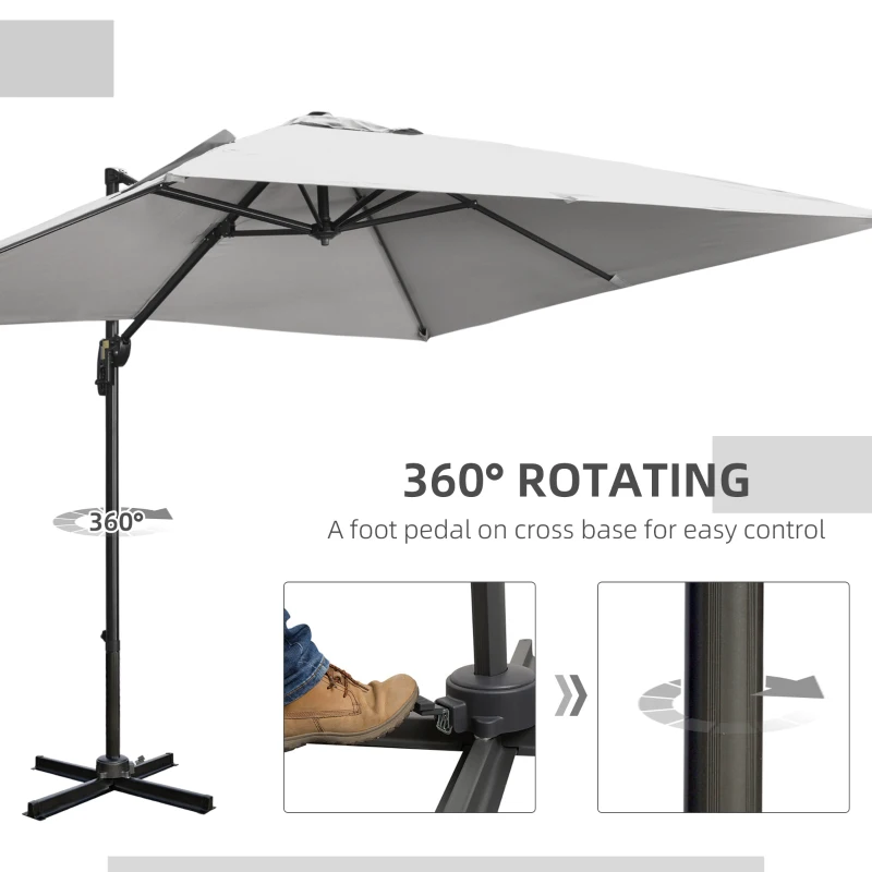 Outsunny 9ft Cantilever Patio Umbrella, Square Overhanging Umbrella with Cross Base, Crank Handle, Tilt Light Grey