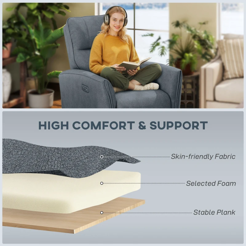 HOMCOM Power Recliner Chair, Fabric Upholstered Recliner Chair with USB Ports, Footrest, Charcoal Grey