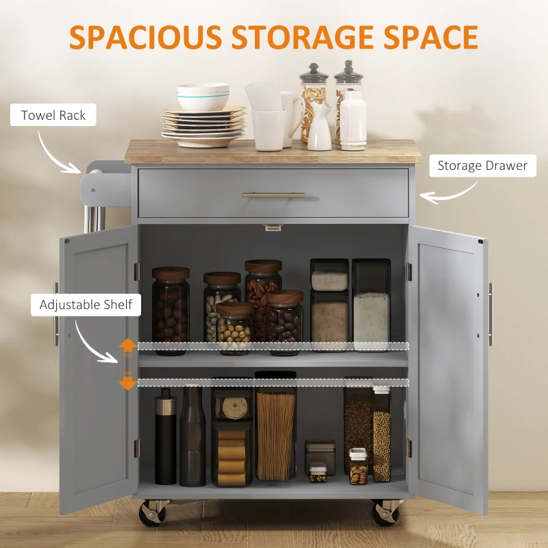 HOMCOM Kitchen Island Cart, Rolling Island Table with Solid Wood Top, Trolley Cart with Drawer, Storage Cabinet & Towel Rack, Gray