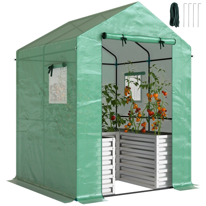 Outsunny Greenhouse with Raised Garden Bed, Galvanized Metal Planter Box with PE Cover, Roll Up Door, 56" x 56" x 75", Green