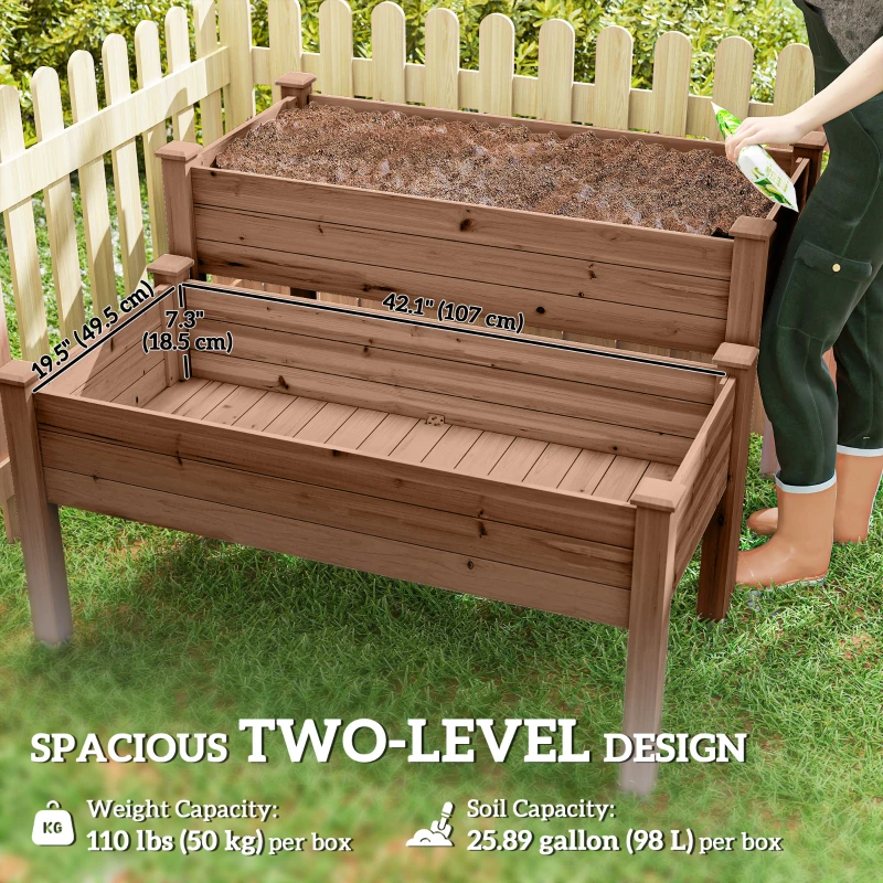 Outsunny 2 Tiers Raised Garden Bed, Wooden Elevated Planter Box with Legs, Gardening Planting Bed, Carbonised