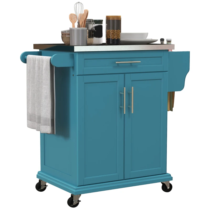 HOMCOM Kitchen Island with Wheels, Rolling Kitchen Island with Storage, Stainless Steel Countertop for Dining Room, Blue