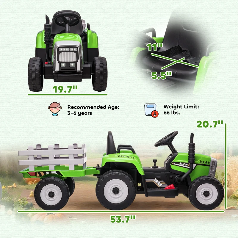 Aosom 12V Ride on Tractor with Trailer, 25W Dual Motors, Battery Powered Electric Tractor with Remote Control, Music Startup Sound and Horn, LED Lights, Green