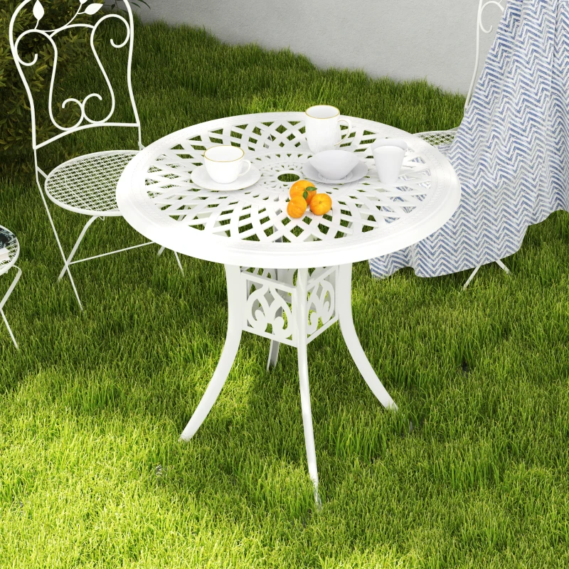 Outsunny 30-inch Round Patio Dining Table with Umbrella Hole Cast Aluminium Outdoor Bistro Table, White