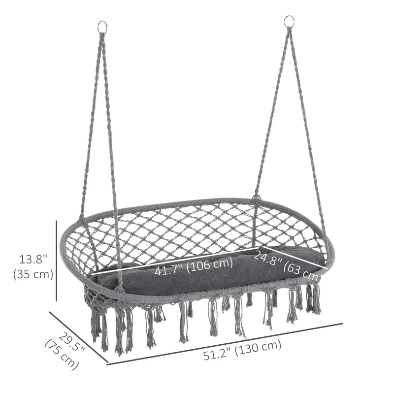Outsunny Patio Hammock Chair 2 Seat, Hanging Rope Hammock Swing Chair with Metal Frame and Cushion, Large Macrame Seat for Indoor and Outdoor 396 lbs Capacity, Dark Grey