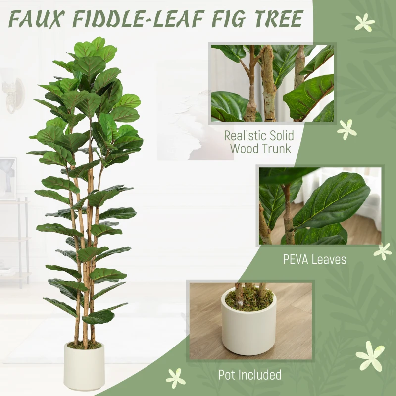 HOMCOM 6FT Artificial Fiddle Leaf Fig Tree, Fake Potted Tree with Solid Wood Trunks and Lifelike Leaves for Indoor Decor, Green
