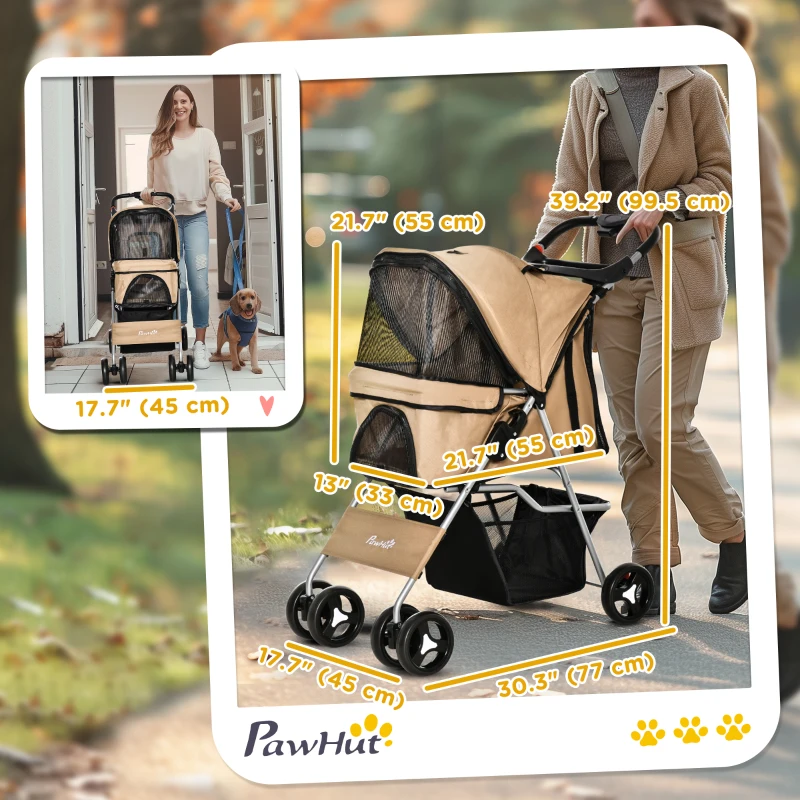 PawHut Pet Stroller Foldable Carrier for Cat, Dog and More 4 Wheels Travel Jogger with Cup Holder, Storage Basket, 360 ° swiveling front wheels, Easy Fold, Coffee