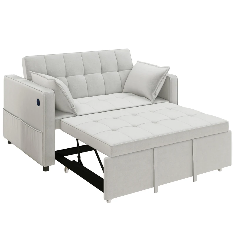 HOMCOM 3‑in‑1 Convertible Sofa Bed, Pull Out Sleeper Sofa with USB Charging, Adjustable Backrest, Side Pockets, Beige